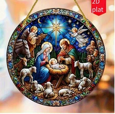 Birth of Jesus Suncatcher, Acrylic, 2D, Stained Glass Look, 8", Nativity/Manger