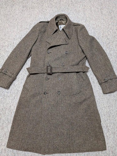 vintage TWEED donegal wool BELTED overcoat 42L herringbone SHERLOCK trench brown