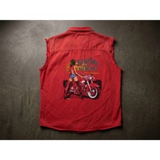 Vintage Biker Design Sleeveless Denim vest L Red Sturgis Rally Graphic Cutoff