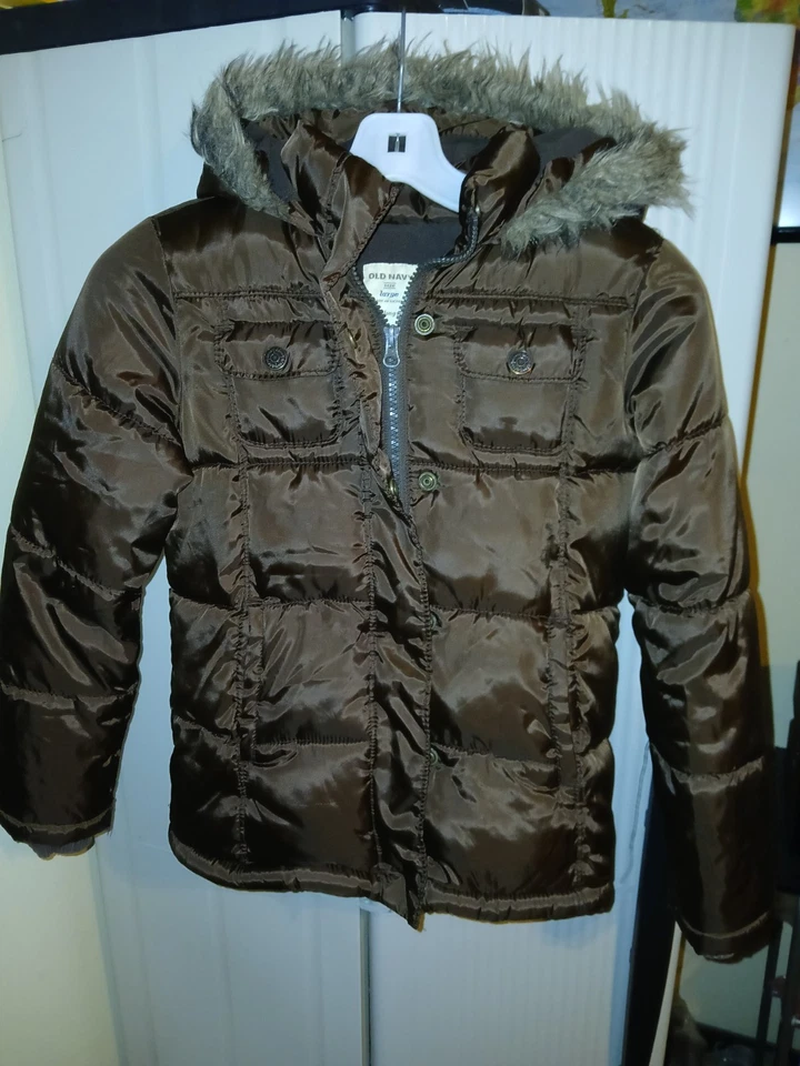 Old Navy Children's Fur-Trimmed Hooded Puffer Jacket Coat Sz Large Brown Unisex  - Image 2 of 4