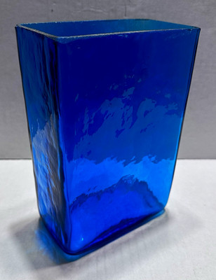 Vintage Blenko Glass 5312 Sapphire Blue Rectangle Vase Wayne Husted 8  AS-IS