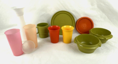 Vintage Tupperware Lot- Sifter, Bowls, Glasses, Cups, Mug, Plate, Lids, Free Shp