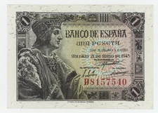 Spain España 1 Pesetas 21-5-1943 Pick 126.a UNC Uncirculated Banknote Serie D
