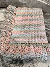 New Blues, Pinks, Oranges And Greens With White Crocheted Baby Afghan