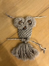 Vintage 1970's Macrame Owl Hanging Wall Art Mid Century Boho MCM 17" tall