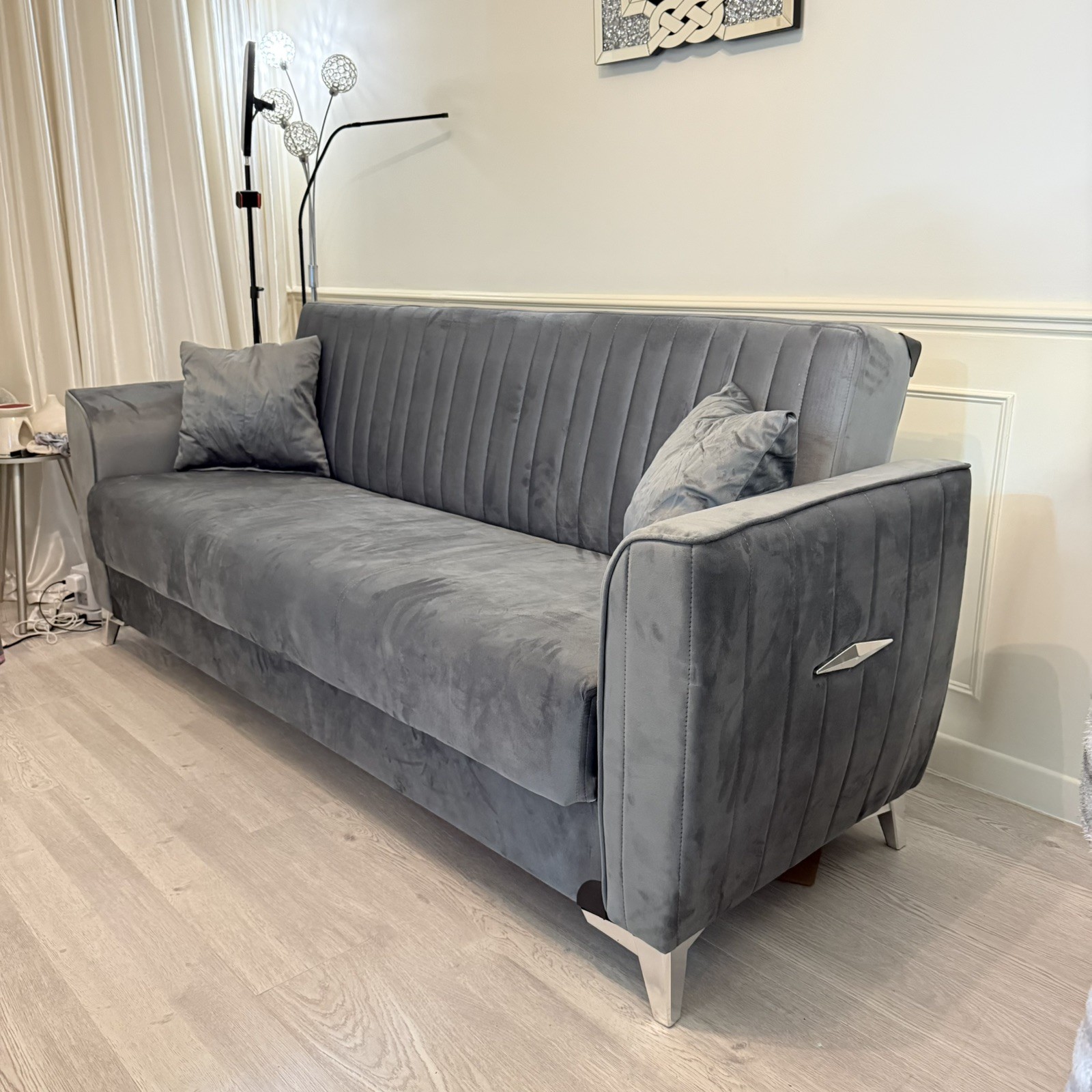 INMOZATA Sofa Bed Double Grey Linen Fabric 3 Seater Recliner Sofa 188cm Spring Corner Couch Lounge Sofa Bed with Two Cushions for Living Room Bedroom Home Office Furniture (Grey) 29 Tual Grey Sofa Bed Storage 3 Seater with 2 Cushions Brand New In Box