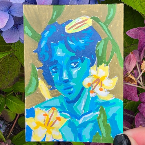 Original ACEO signed 2.5inx3.5in acrylic painting Blue Man with Lilies