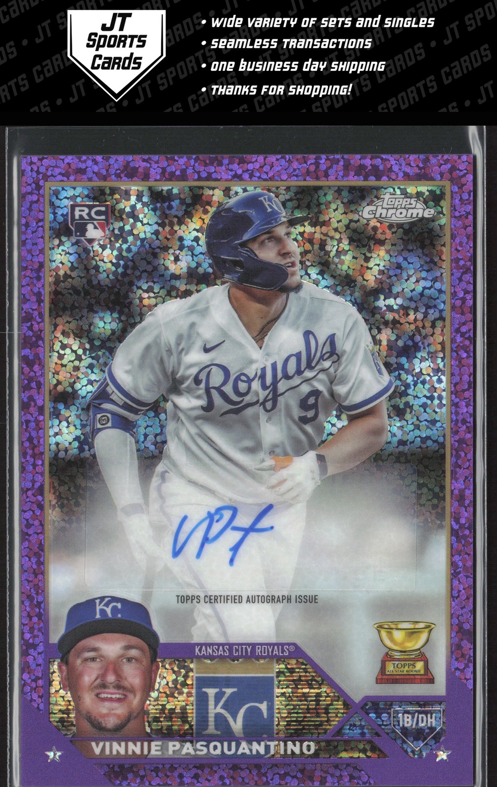 2023 Topps Chrome Update Vinnie Pasquantino AC-VP RC Purple Speckle Auto /299