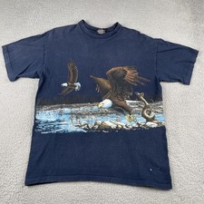 Vtg Signal Sports Large Blue Graphic Shirt Bald Eagle Nature Forest Made In USA