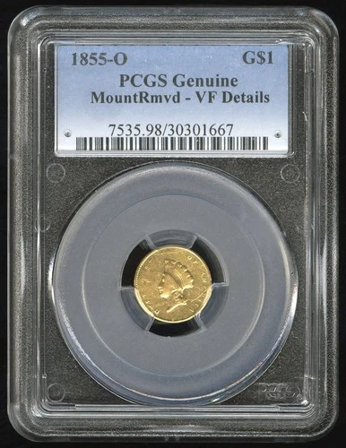 US Gold Coin 1855-O $1 Liberty Head PCGS Genuine VF Details NO RESERVE!
