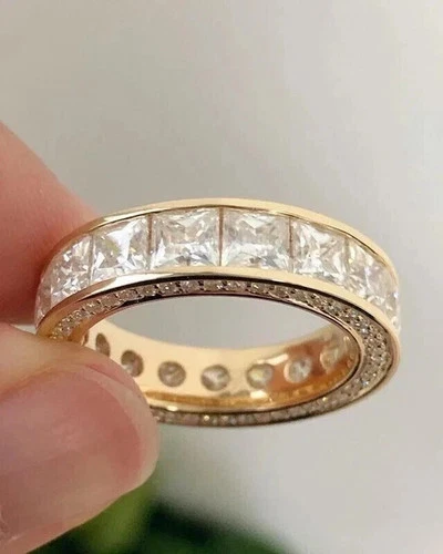 3Ct Princess Cut Real Moissanite Eternity Wedding Band 14K Yellow Gold Plated