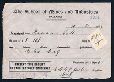 VICTORIA &bull; 1922 &bull; School of Mines, Ballarat receipt with 2d duty stamp affixed