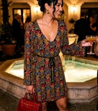 Old Navy Sz 12 Womens Black Floral Bell Long Sleeve V-Neck Tie A-Line Dress
