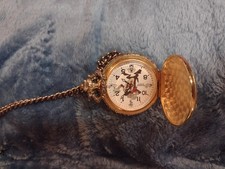 Looney toons Full Hunter Pocket Watch w/ Chain Yellow Gold  Quartz White Dial