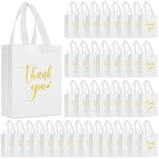 50 PCS White Thank You Gift Bags Handles Reusable Non Woven 10x8x4 Inch