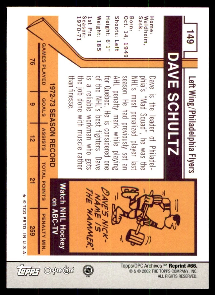 2001-02 Topps / O-Pee-Chee Archives Dave Schultz #66 - Image 2 of 2