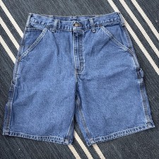 Carhartt Mens B28-DPS Blue Denim Carpenter Workwear Shorts Sz 32 Leather Patch
