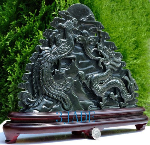 Natural Nephrite Jade Carving Sculpture: Dragon Phoenix Statue - Picture 3 of 5