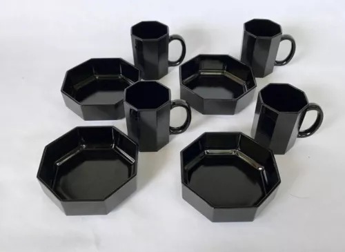 Vintage1980s French  Arcoroc Octime Black mugs and bowls set