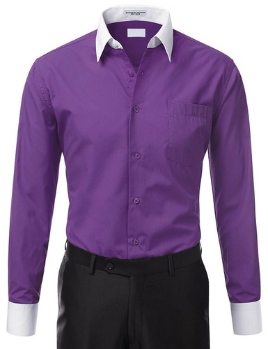 Men's Two Tone Italian Style Dress Shirt Stylish Contrast White Cuffs & Collar   - Picture 40 of 53