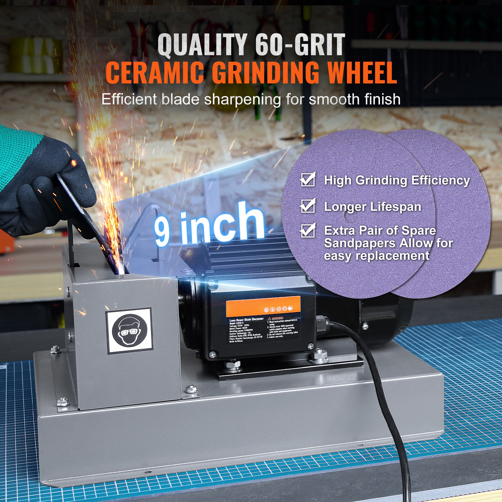 Lawn Mower Blade Sharpener 1HP 750W with 9-inch Ceramic Grinding Wheel