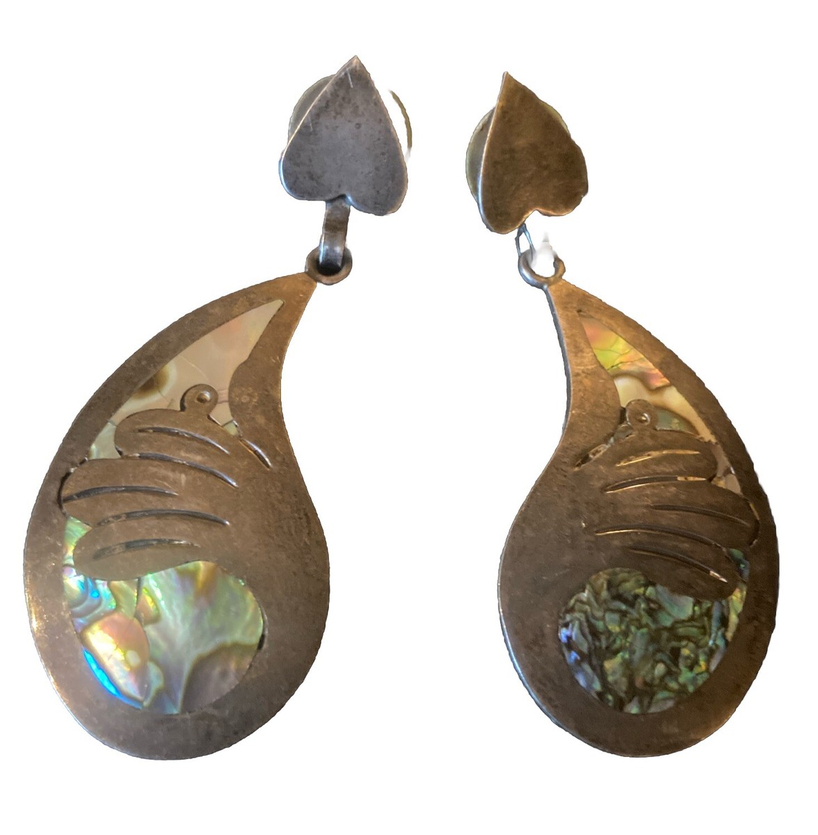 Mexican Sterling Silver Abalone Teardrop Dangle Earrings MOP Inlay