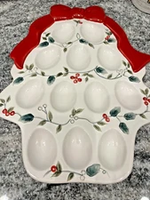 Pfaltzgraff Winterberry Deviled Egg Plate Christmas Tree Bow Holly Berry Dish