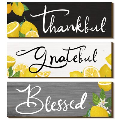 3 Pcs Sunflower Gifts Farmhouse Wall Decor Thankful Grateful Blessed Wooden S...