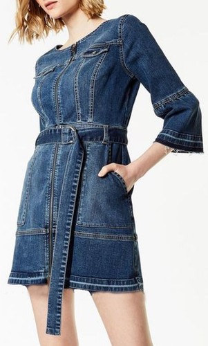 KAREN MILLEN ✩ CLASSIC DISTRESSED BLUE DENIM BELTED UTILITY DRESS ✩ UK 10 - Picture 6 of 8