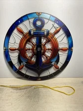 9” Coastal Nautical Suncatcher Ship’s Wheel Anchor Blue Brown Acrylic