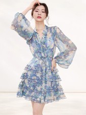 Womens 100% Real Silk Long Puff Sleeve Floral Print V Neck Ruffles Layered Dress