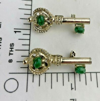 Two Vintage Pins Brooches Gerry's Silver Skeleton Key Faux Jade Matrix Scatter