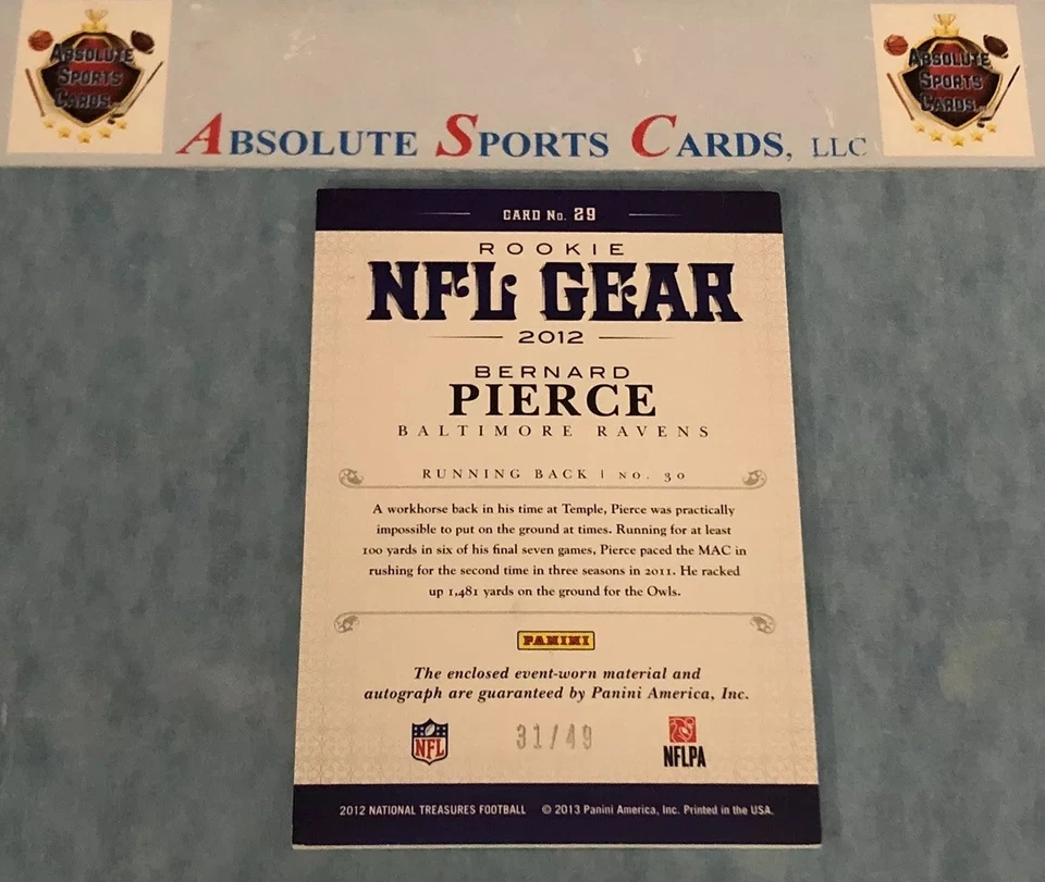 2012 National Treasures BERNARD PIERCE Rookie RC Dual Patch Auto | SP /49 Ravens - Image 3 of 4