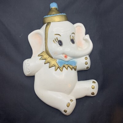 Vintage CHALKWARE Plaster Circus White Elephant Plaque Gold Hat