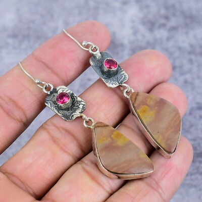 Camel Agate, Rubelite Gemstone Handmade Dainty  925 Sterling Silver Earring