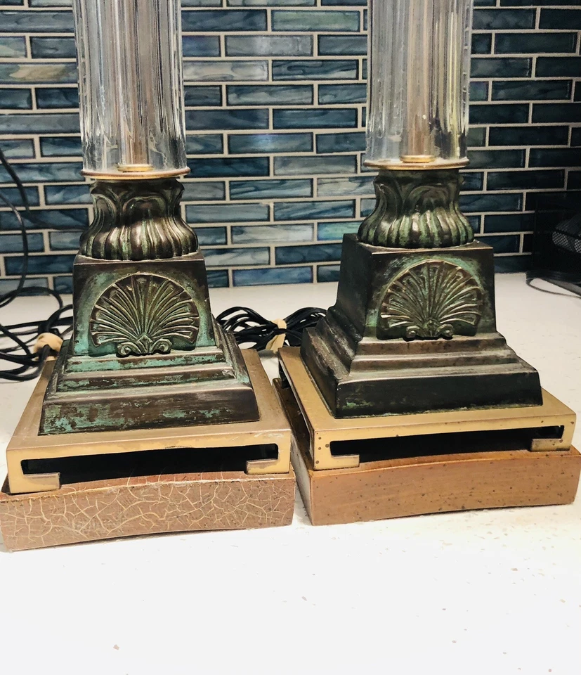 Lámparas de mesa MCM Wildwood cristal imitación latón verde concha tema Hollywood Regency Foto 3 de 4