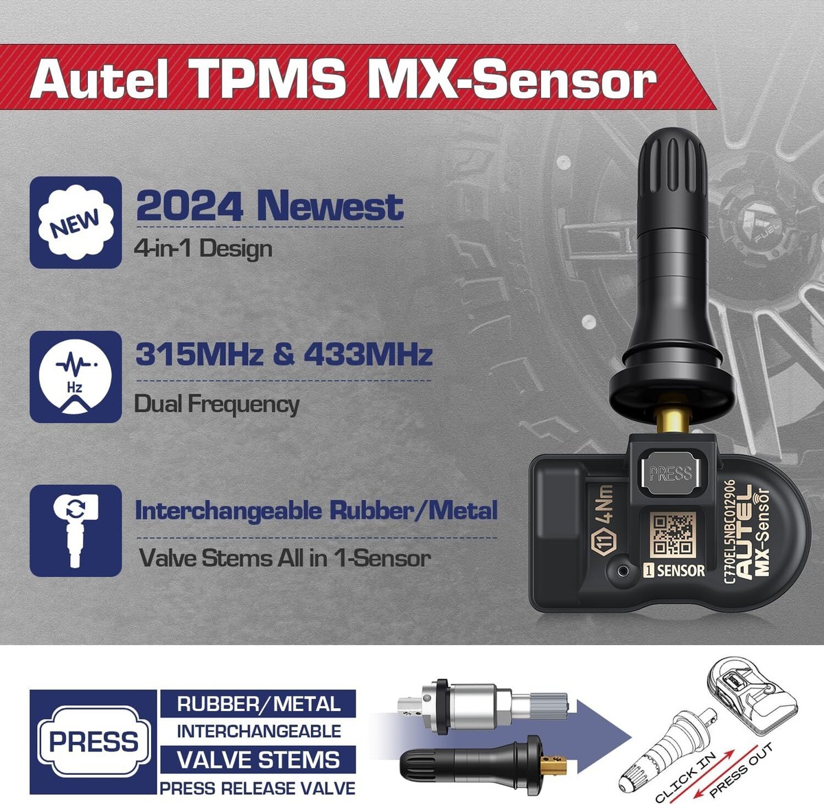 Autel TPMS Sensors Set of 4,2 in 1 MX Sensor Programmable 315MHz +