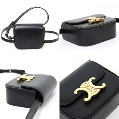 ○Celine Mini Triomphe Shoulder Bag Crossbody Black Calfskin Gold