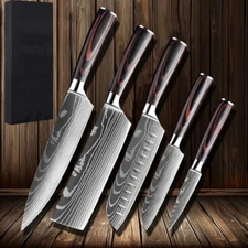 5Pcs Kitchen Knives Set Japanese Damascus Pattern Cleaver Chef's Knife Gift Box