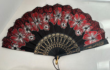 VINTAGE folding fan plastic fabric black red flowers gold trim glitter