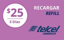 TelCel America Prepaid 25 Refill Top-Up Prepaid Card ,PIN / RECHARGE