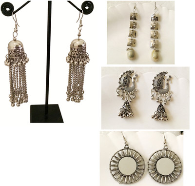 4 pair Indian Traditional Bollywood Silver Oxidized  Jhumka Cute Office Earrings