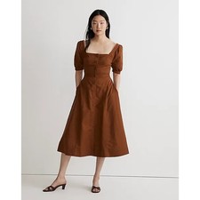 Madewell Womens Midi Dress 00 Brown Seamed Puff-Sleeve Button Front NK416 NWT