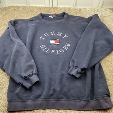 Vintage Tommy Hilfiger Navy Blue Embroidered Flag Logo Sweatshirt Men Large 2000