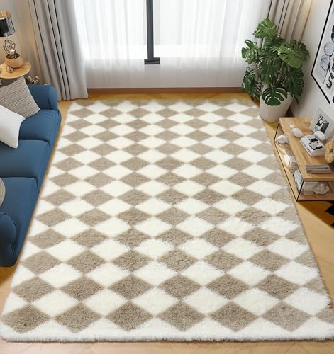 Large Rugs for Living Room Beige and Cream White, 5x8 Fluffy Shag Shaggy - Picture 2 of 7