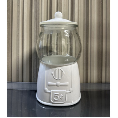 Sleight Bell Bistro Vintage/Retro 5¢ Candy Jar White Ceramic & Clear Glass Lid