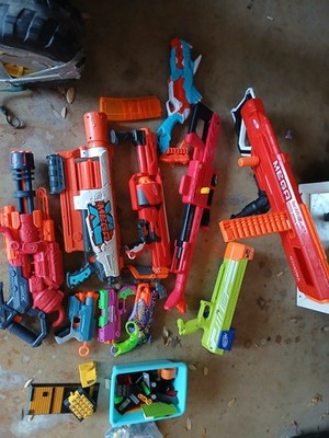 nerf gun lot, sniper w/scope, robot edition sniper, multiple pistols nerf guns.