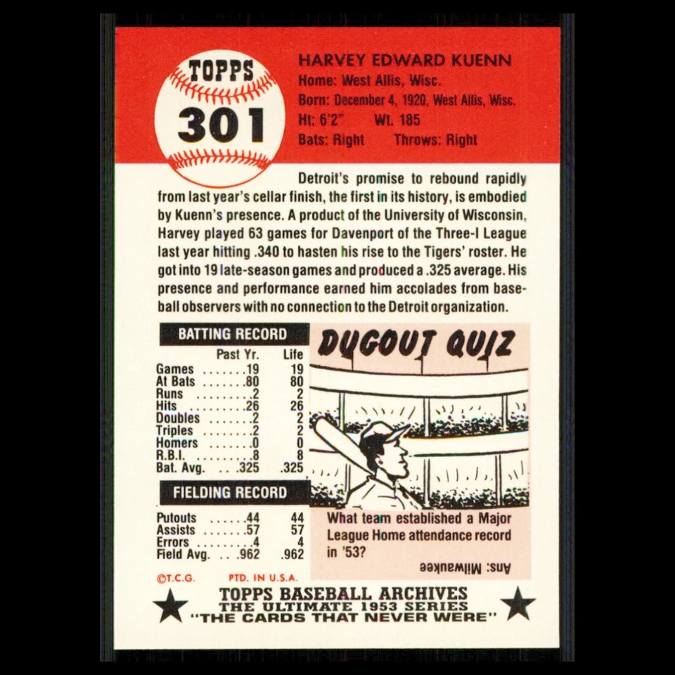 Harvey Kuenn #301 1991 Topps Archives 1953 Detroit Tigers Baseball Card MLB NM - Image 2 of 3