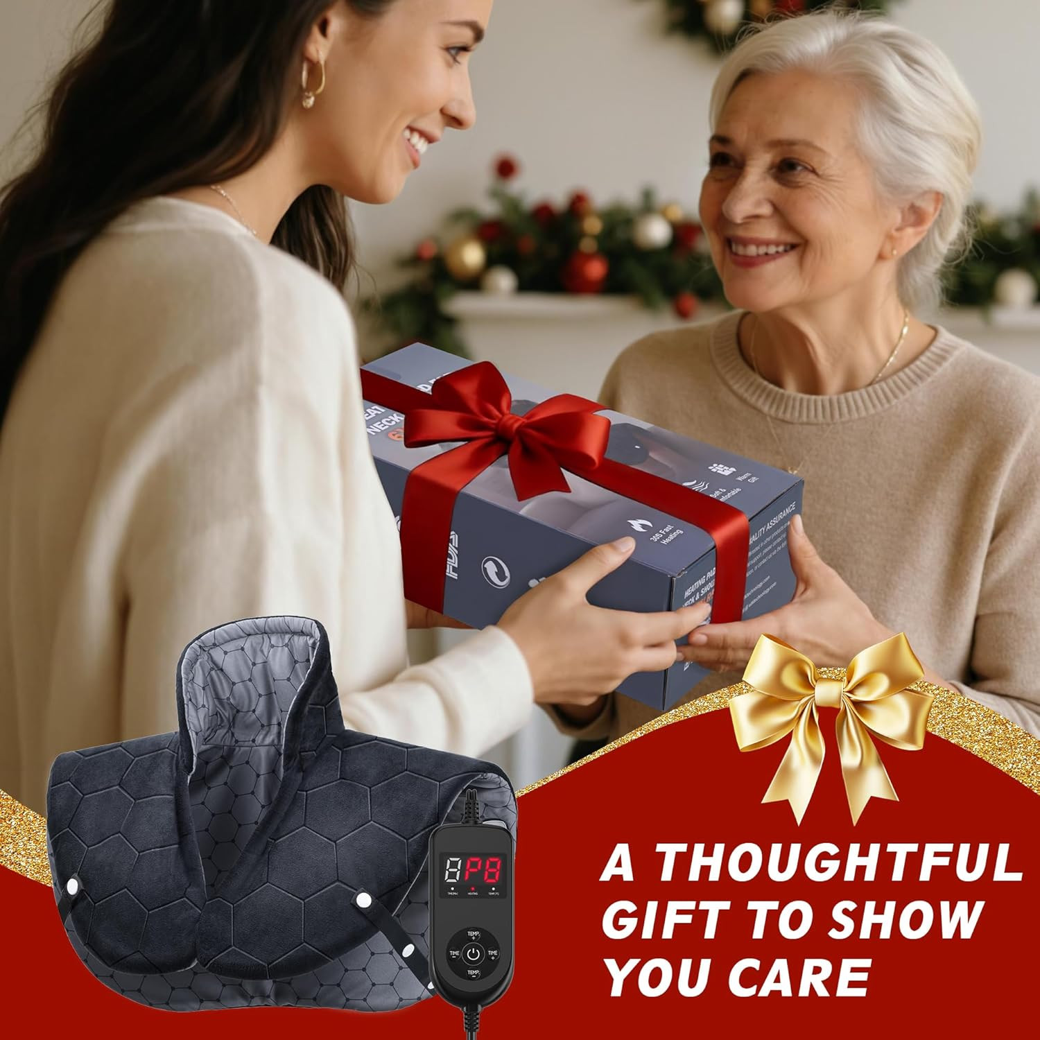 Ergonomic Heating Pad for Neck, Shoulders & Back - Fast Pain Relief, 8 Temp Sett