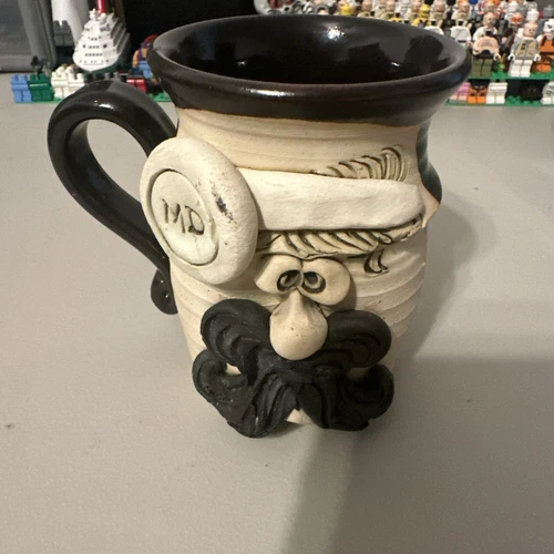 Funny Ugly Face Mug MD Stoneware Pottery Signed Tiegland Bradford 3D Mustache